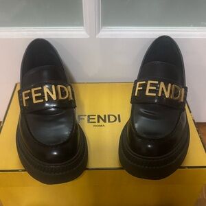 Fendi Black and Gold Loafers